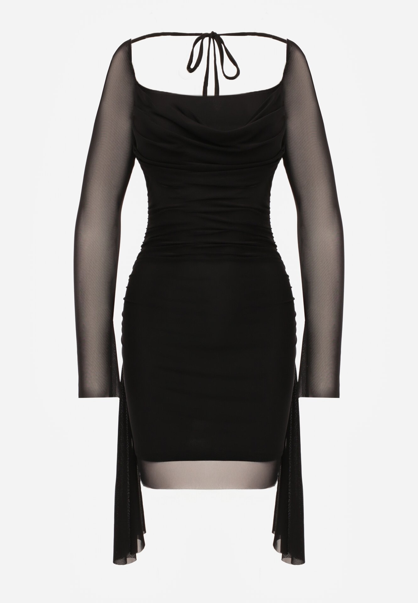 Czarna Siateczkowa Sukienka VICES o Dopasowanym Kroju z Wiązaniem Arieslenne