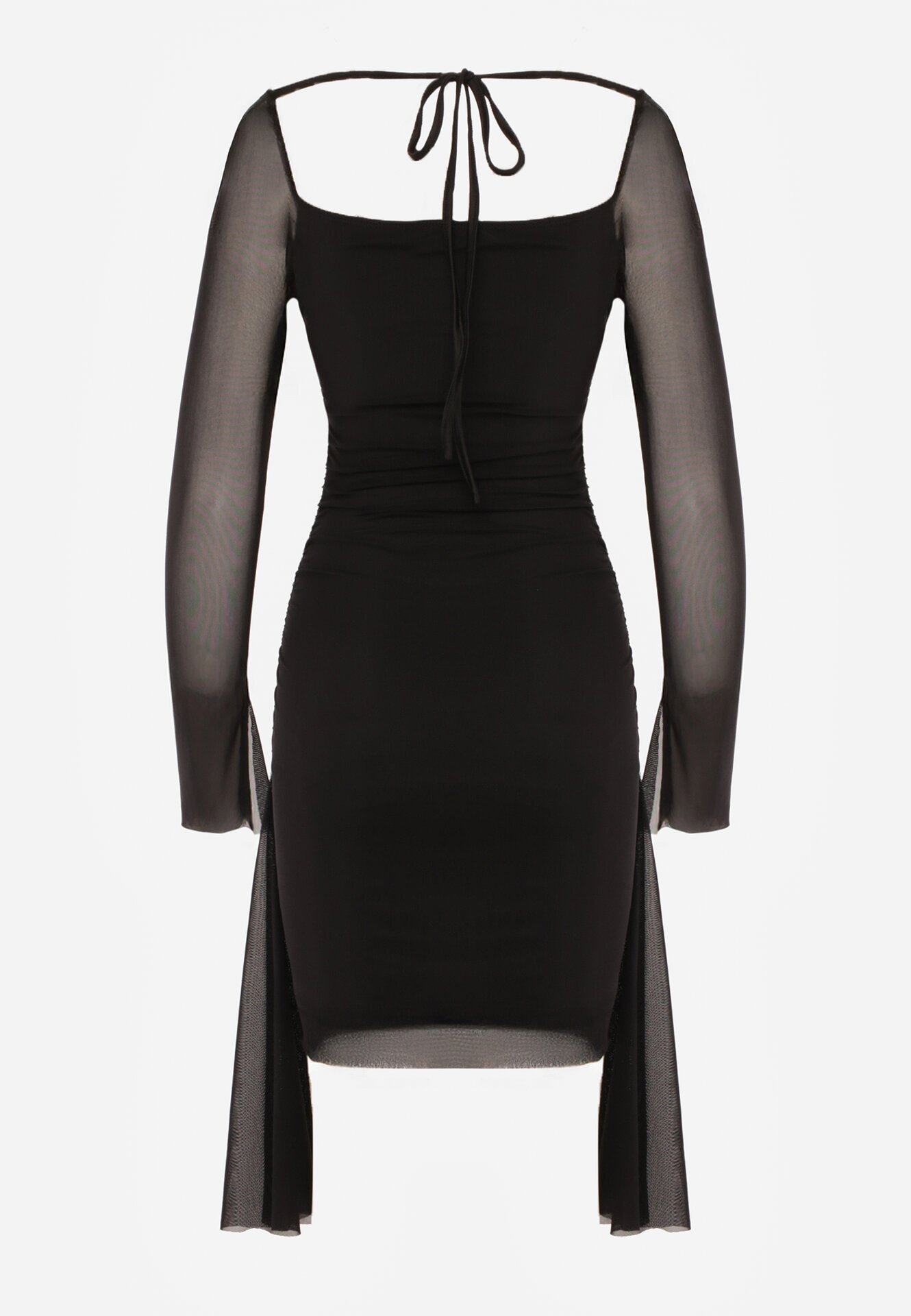 Czarna Siateczkowa Sukienka VICES o Dopasowanym Kroju z Wiązaniem Arieslenne