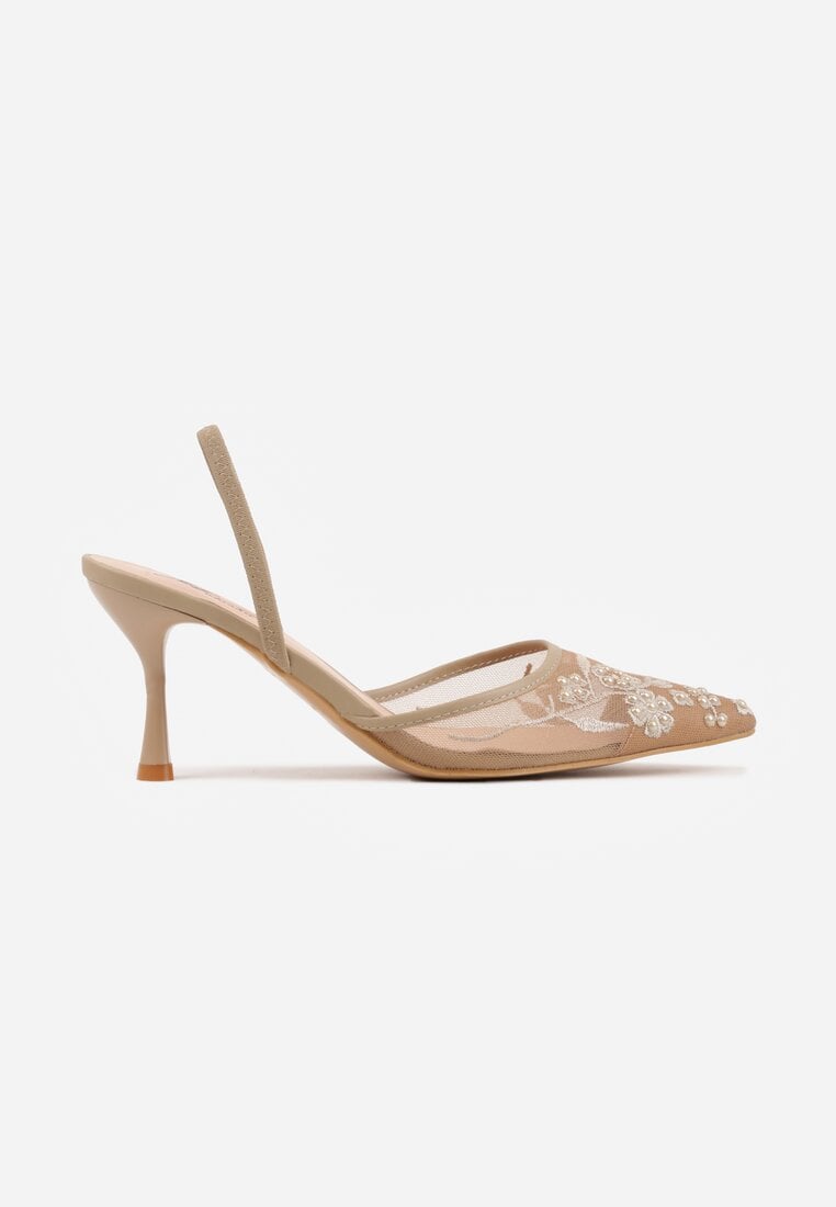 Ciemnobeżowe Sandały na Szpilce z Koronką Caskstar