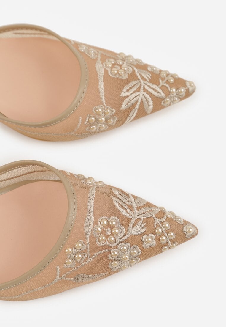 Ciemnobeżowe Sandały na Szpilce z Koronką Caskstar