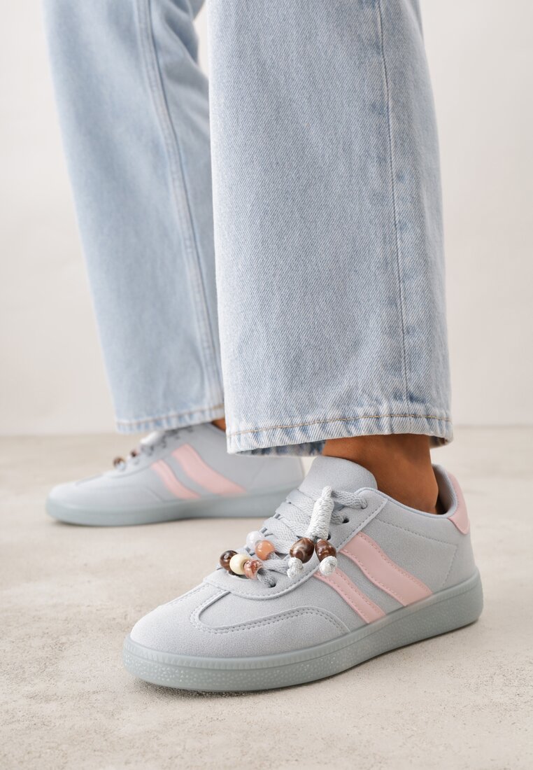 Niebieskie Sneakersy w Stylu Tenisówek z Koralikami Charnara