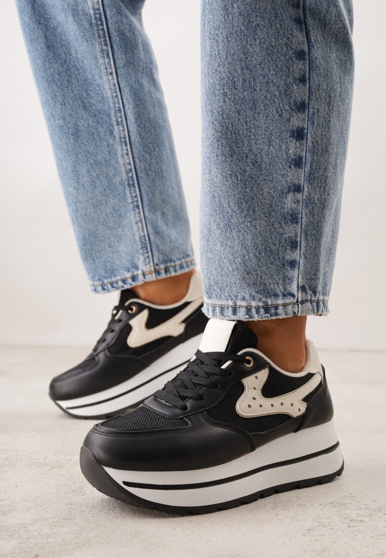 Czarne Sneakersy na Grubej Podeszwie z Perforacją i Tweedowymi Wstawkami Idaphyphe