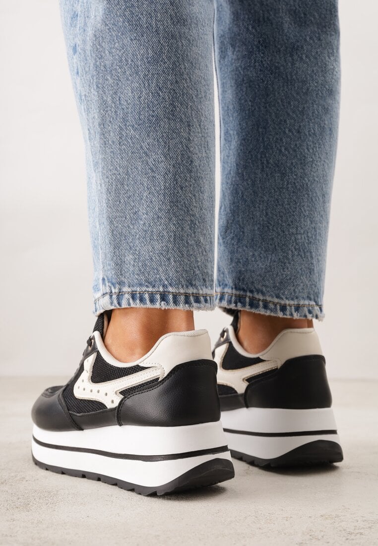 Czarne Sneakersy na Grubej Podeszwie z Perforacją i Tweedowymi Wstawkami Idaphyphe