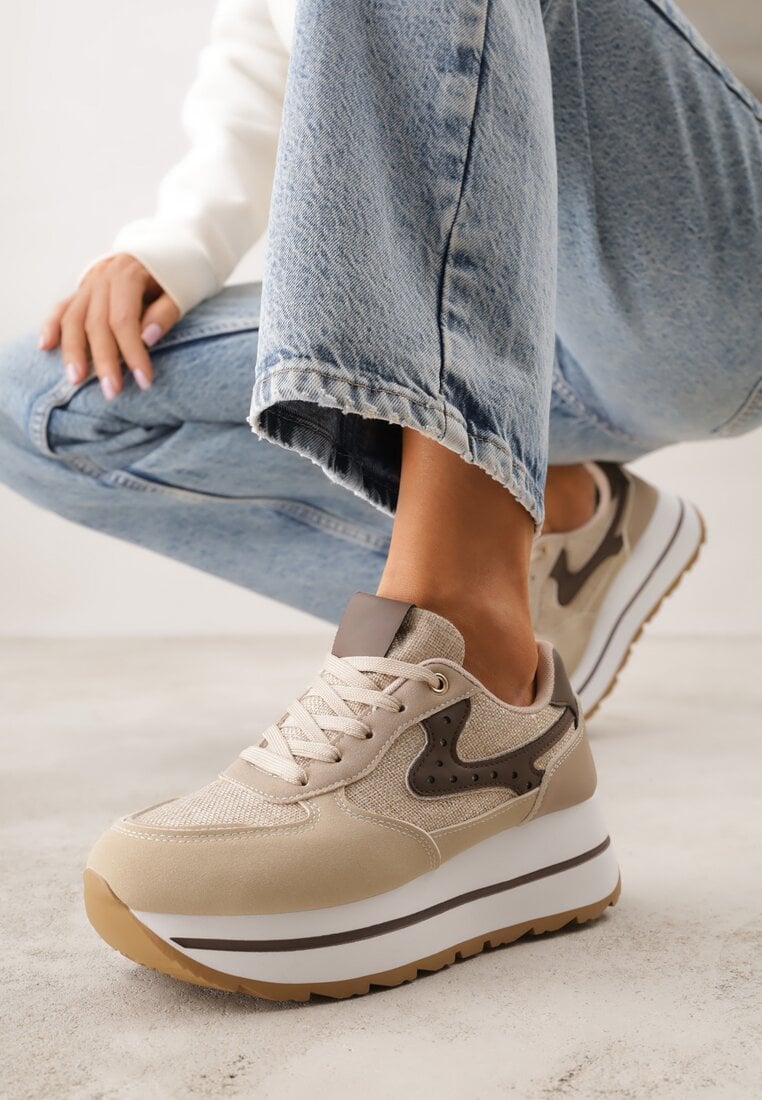 Beżowe Sneakersy na Grubej Podeszwie z Perforacją i Tweedowymi Wstawkami Idaphyphe