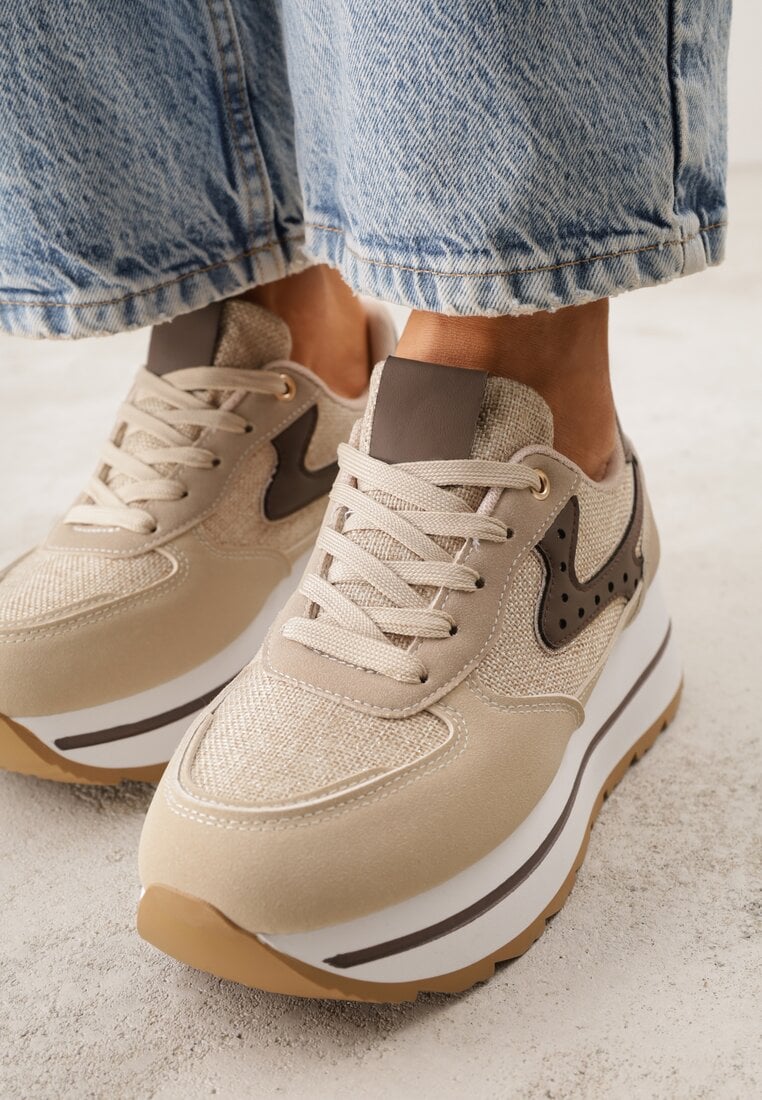 Beżowe Sneakersy na Grubej Podeszwie z Perforacją i Tweedowymi Wstawkami Idaphyphe