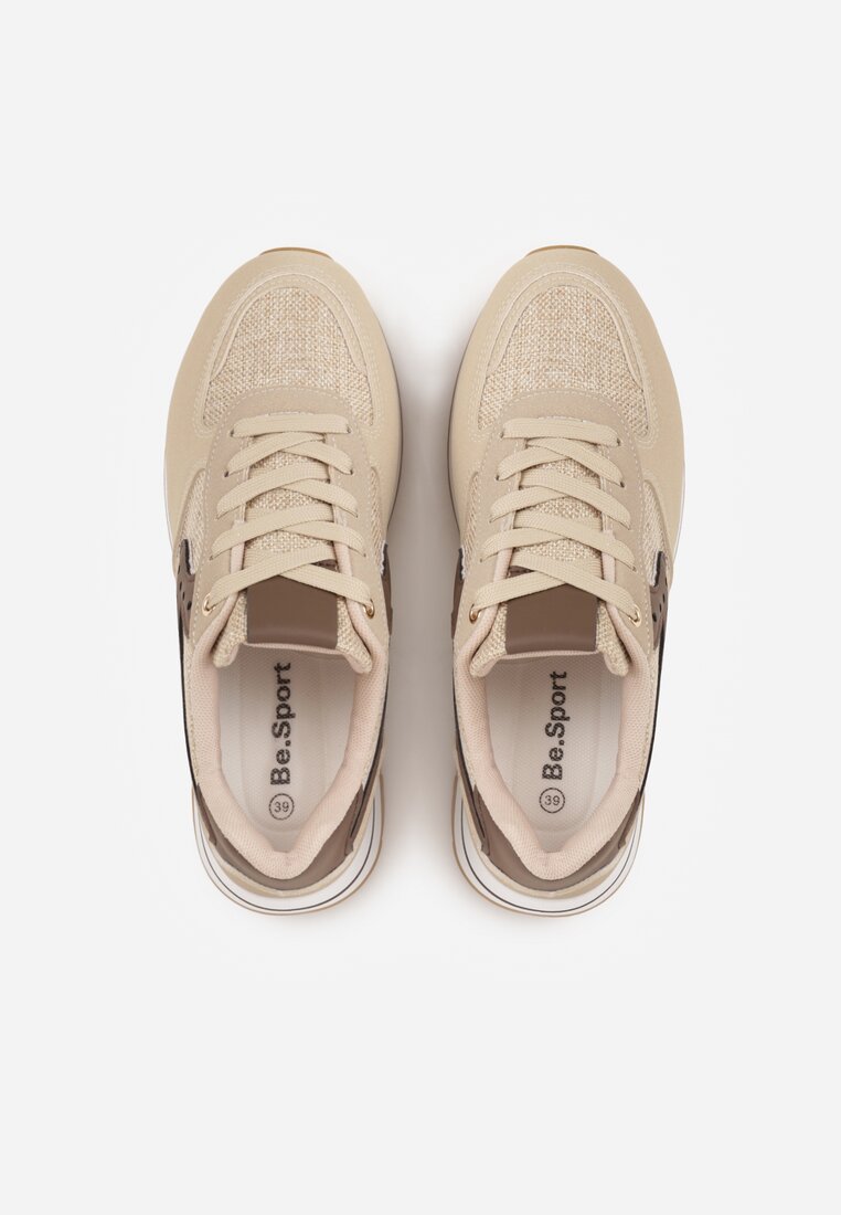 Beżowe Sneakersy na Grubej Podeszwie z Perforacją i Tweedowymi Wstawkami Idaphyphe