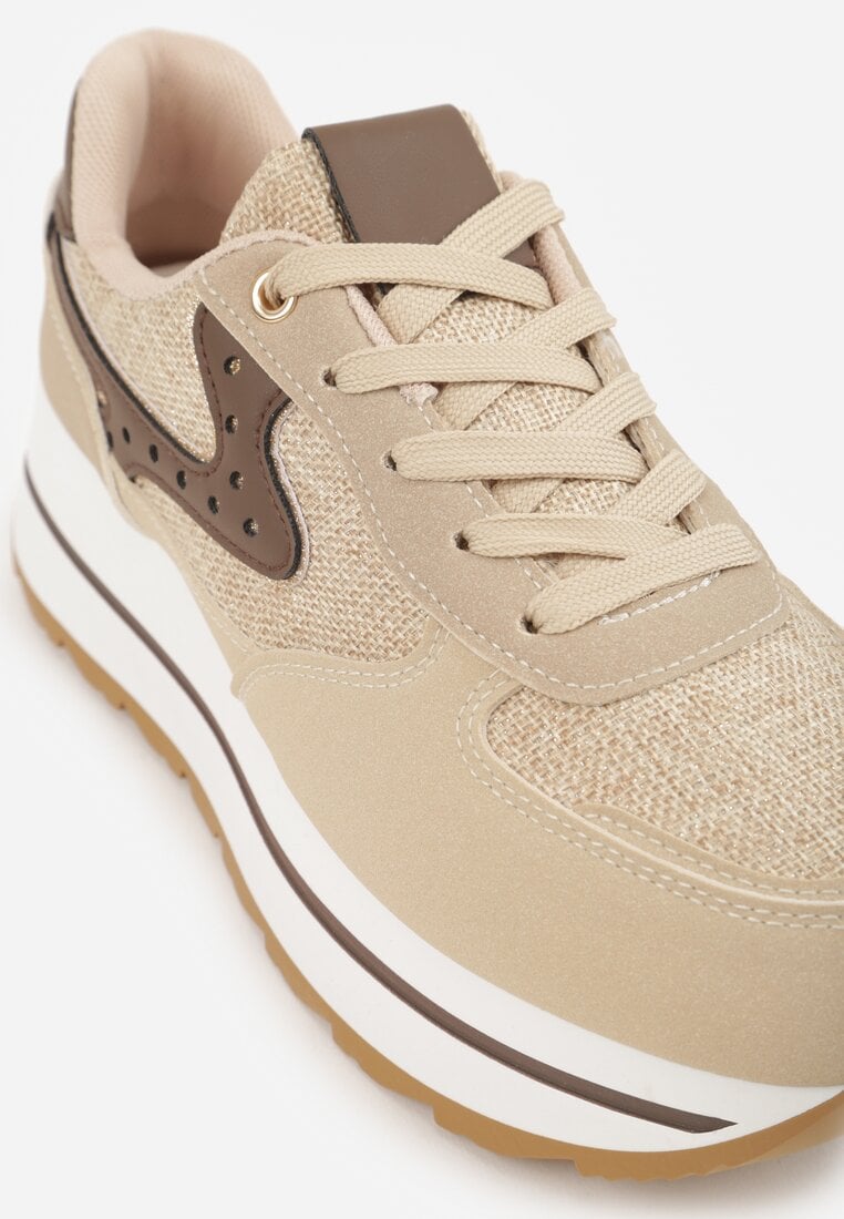 Beżowe Sneakersy na Grubej Podeszwie z Perforacją i Tweedowymi Wstawkami Idaphyphe