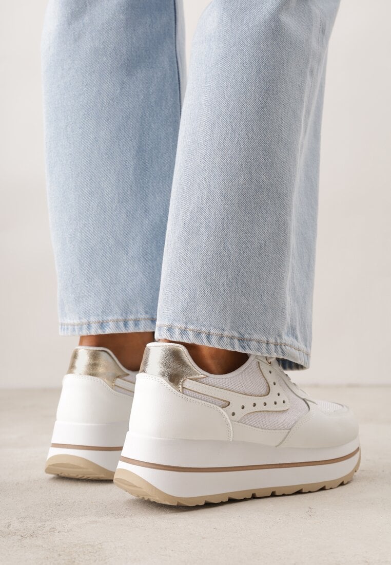Białe Sneakersy na Grubej Podeszwie z Perforacją i Tweedowymi Wstawkami Idaphyphe