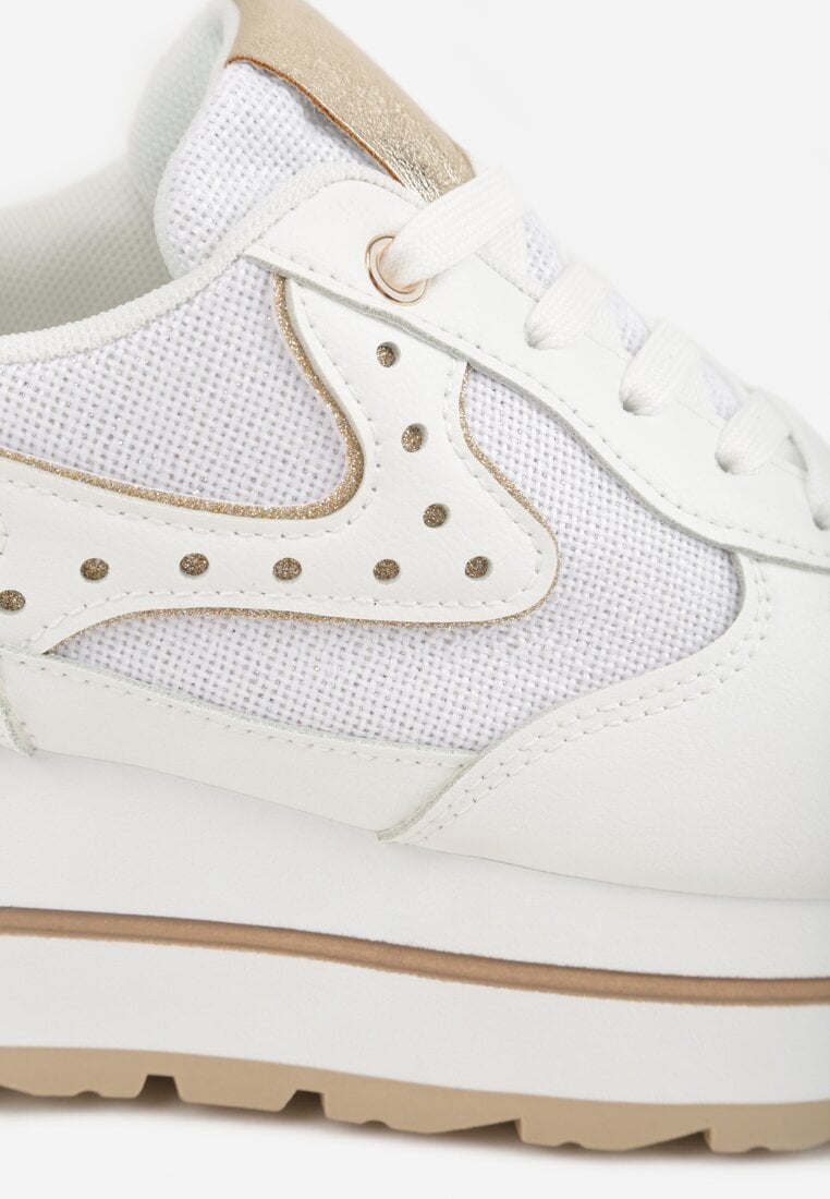Białe Sneakersy na Grubej Podeszwie z Perforacją i Tweedowymi Wstawkami Idaphyphe