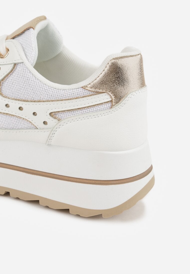 Białe Sneakersy na Grubej Podeszwie z Perforacją i Tweedowymi Wstawkami Idaphyphe