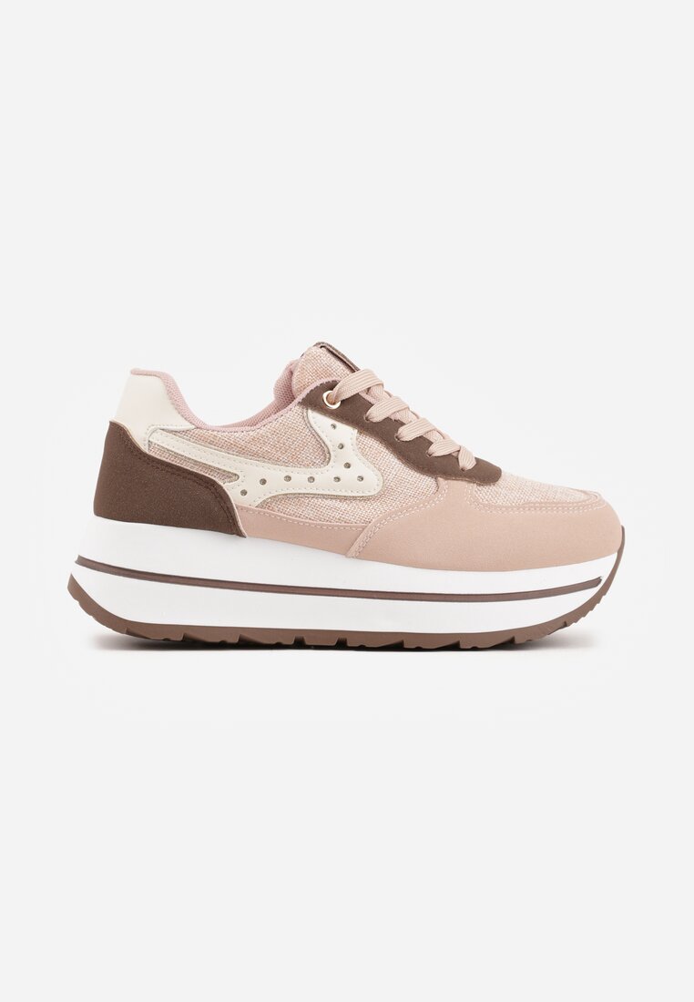 Różowe Sneakersy na Grubej Podeszwie z Perforacją i Tweedowymi Wstawkami Idaphyphe