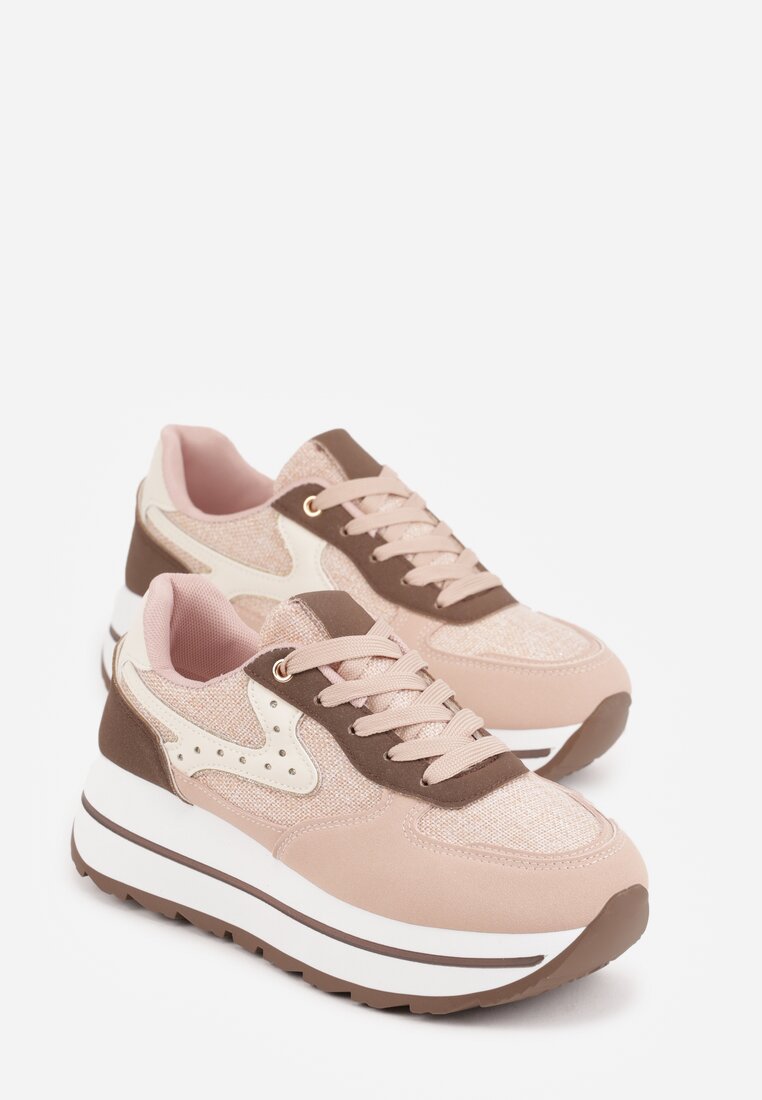 Różowe Sneakersy na Grubej Podeszwie z Perforacją i Tweedowymi Wstawkami Idaphyphe