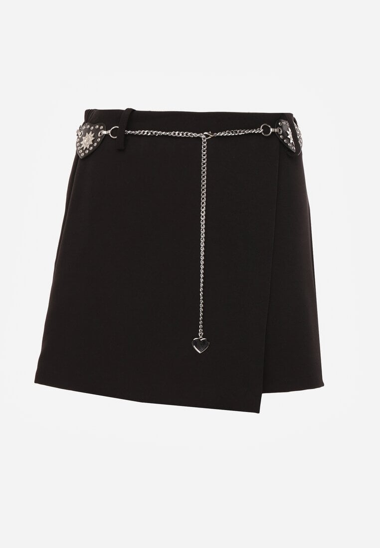 Czarne Spódnico-Szorty Ozdobione Łańcuszkiem i Sercami Rhenara