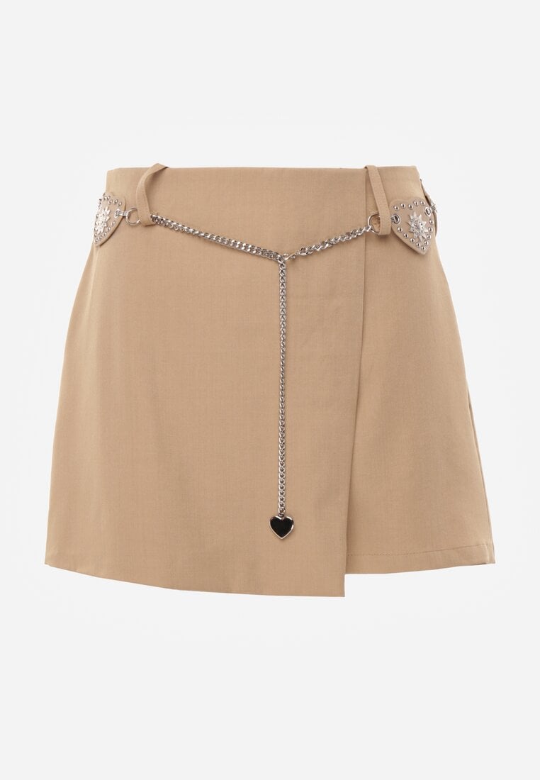 Beżowe Spódnico-Szorty Ozdobione Łańcuszkiem z Sercami Rhenara