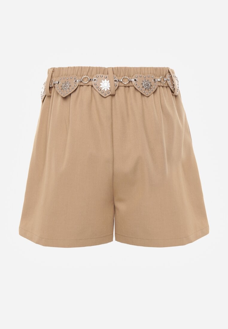 Beżowe Spódnico-Szorty Ozdobione Łańcuszkiem z Sercami Rhenara