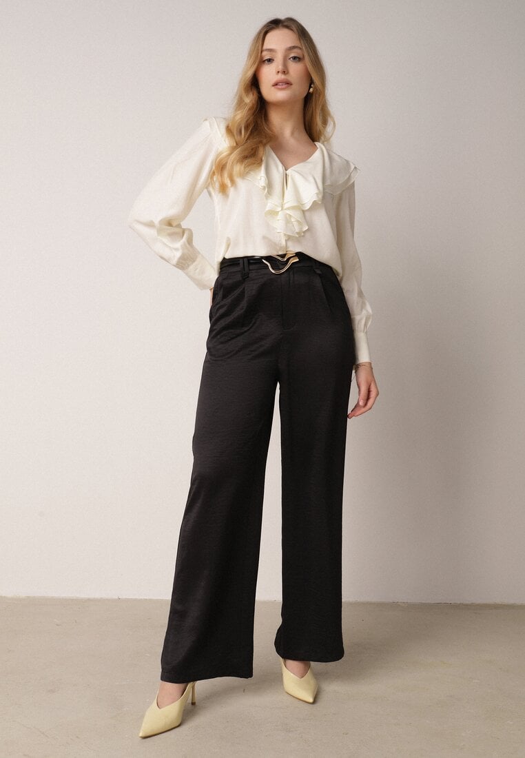 Czarne Szerokie Spodnie z Wysokim Stanem z Domieszką Bawełny i Geometryczną Klamrą Syliteia