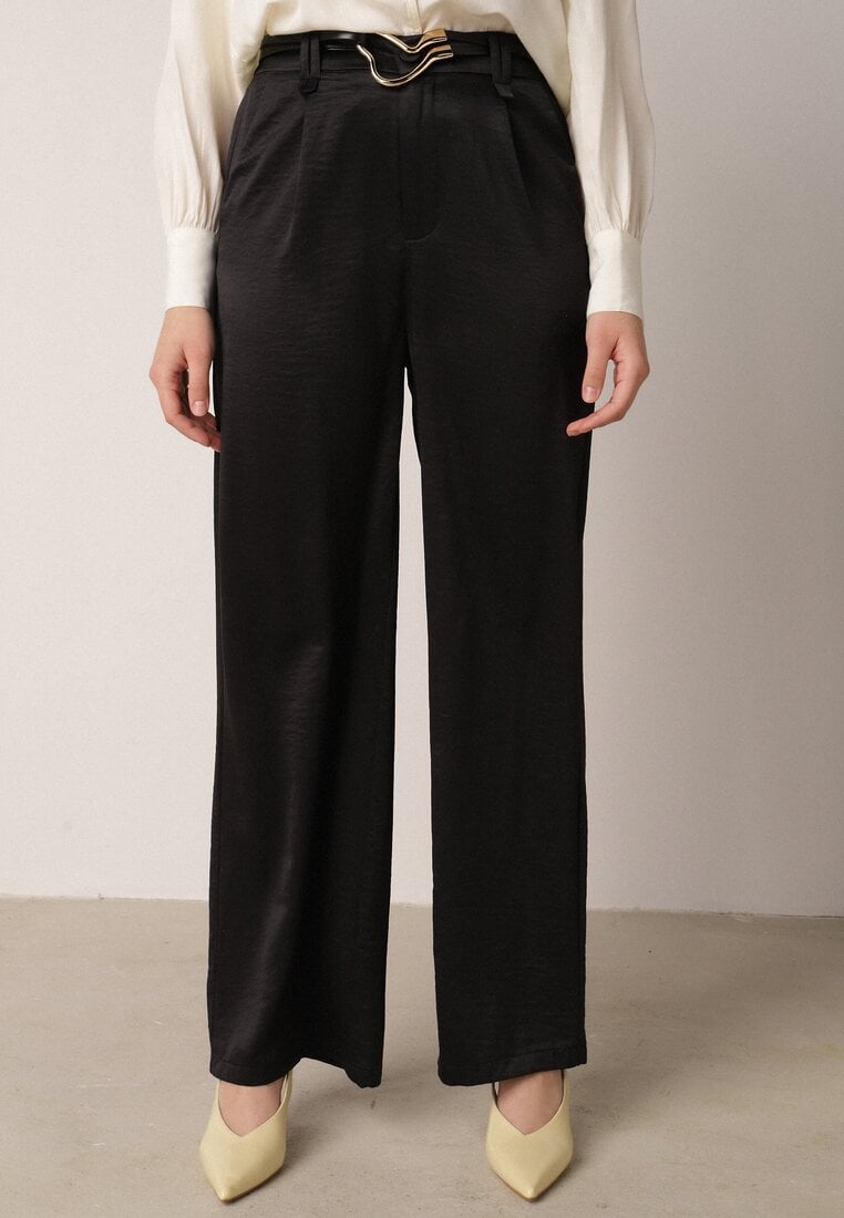 Czarne Szerokie Spodnie z Wysokim Stanem z Domieszką Bawełny i Geometryczną Klamrą Syliteia