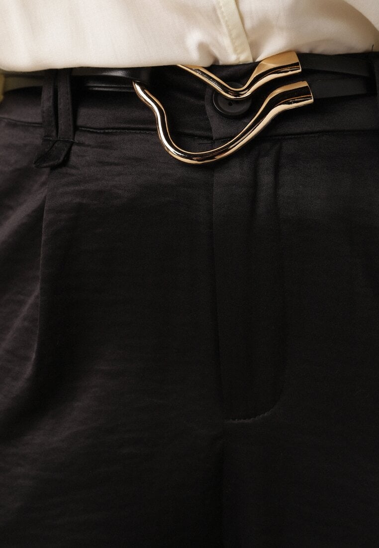 Czarne Szerokie Spodnie z Wysokim Stanem z Domieszką Bawełny i Geometryczną Klamrą Syliteia