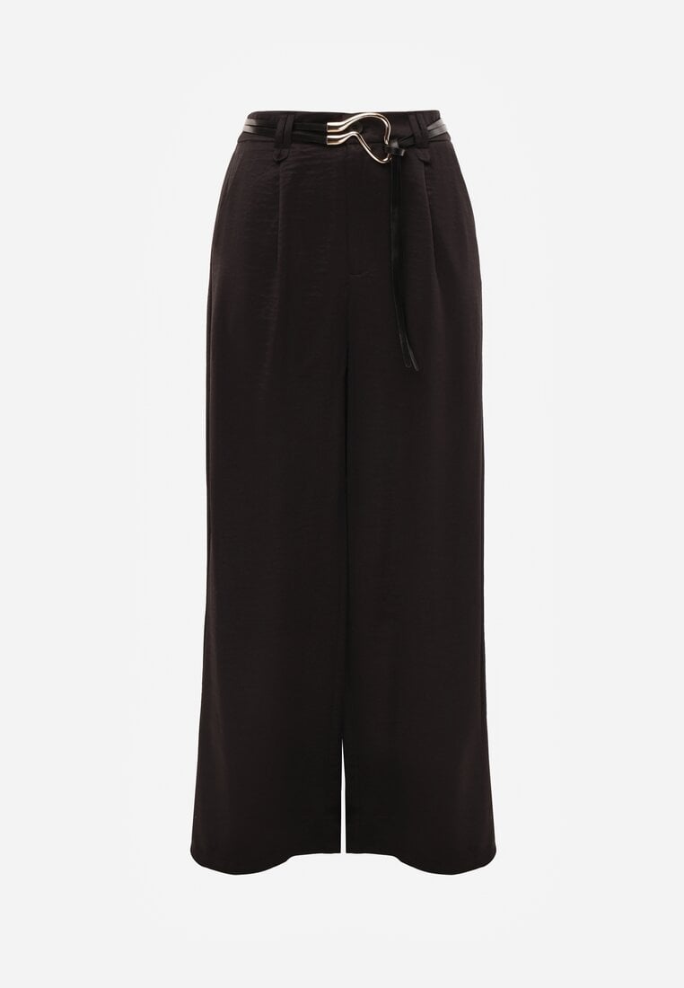 Czarne Szerokie Spodnie z Wysokim Stanem z Domieszką Bawełny i Geometryczną Klamrą Syliteia