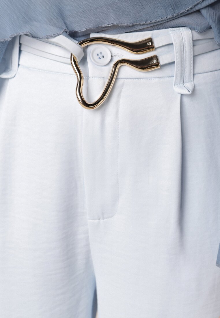 Niebieskie Szerokie Spodnie z Wysokim Stanem z Domieszką Bawełny i Geometryczną Klamrą Syliteia