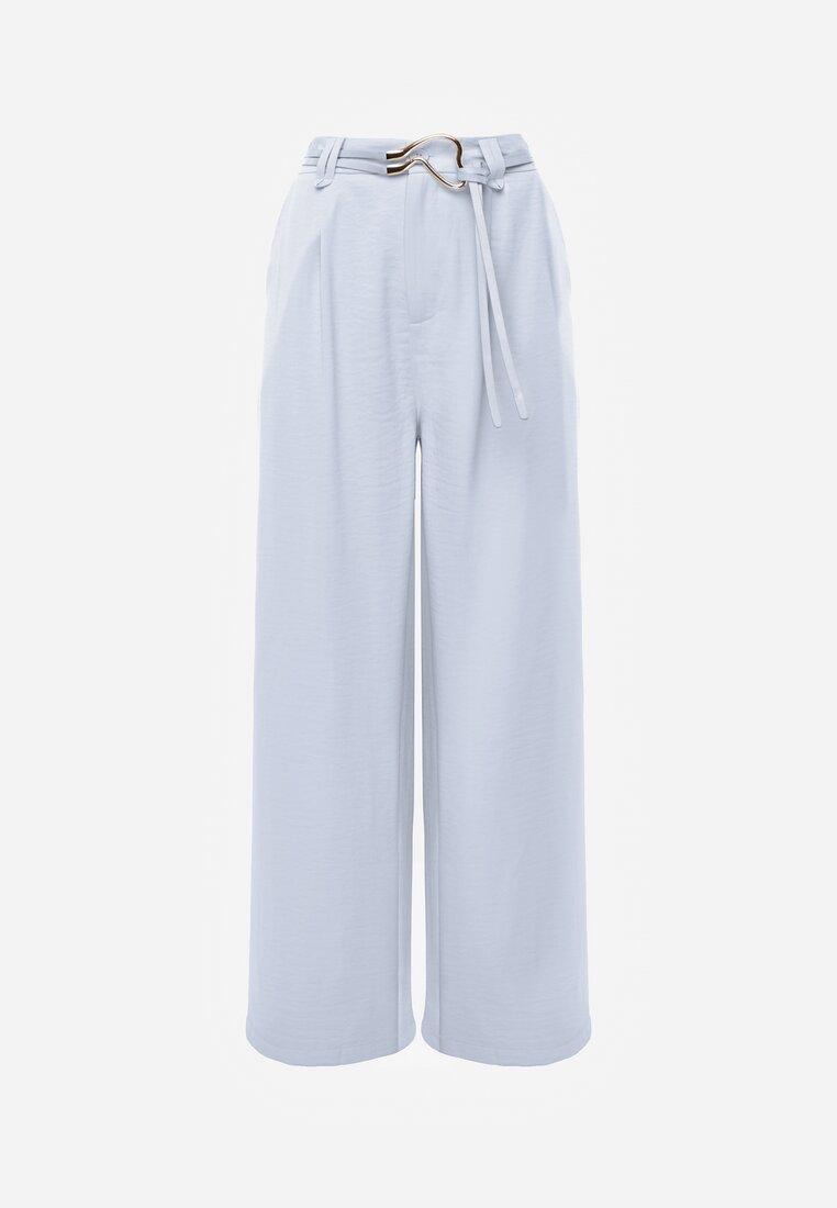 Niebieskie Szerokie Spodnie z Wysokim Stanem z Domieszką Bawełny i Geometryczną Klamrą Syliteia