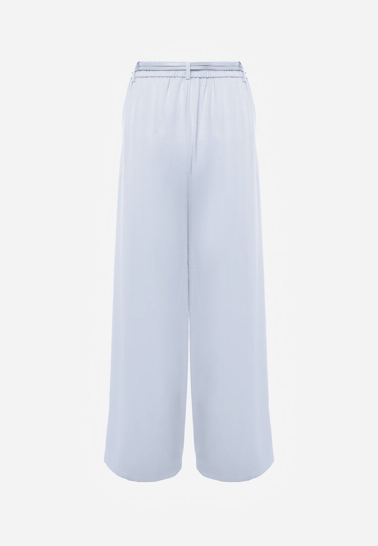 Niebieskie Szerokie Spodnie z Wysokim Stanem z Domieszką Bawełny i Geometryczną Klamrą Syliteia
