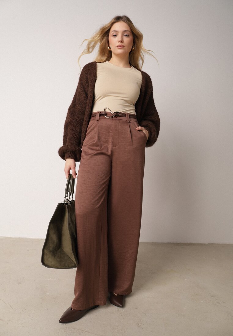 Brązowe Szerokie Spodnie z Wysokim Stanem z Domieszką Bawełny i Geometryczną Klamrą Syliteia