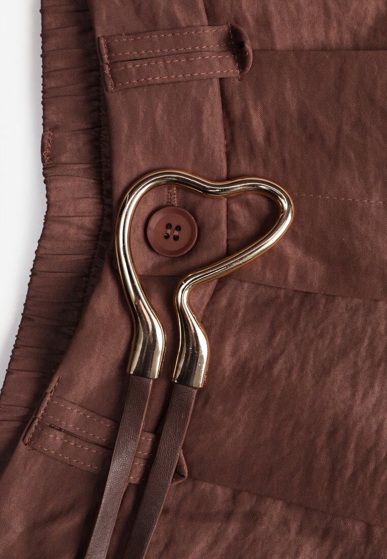 Brązowe Szerokie Spodnie z Wysokim Stanem z Domieszką Bawełny i Geometryczną Klamrą Syliteia