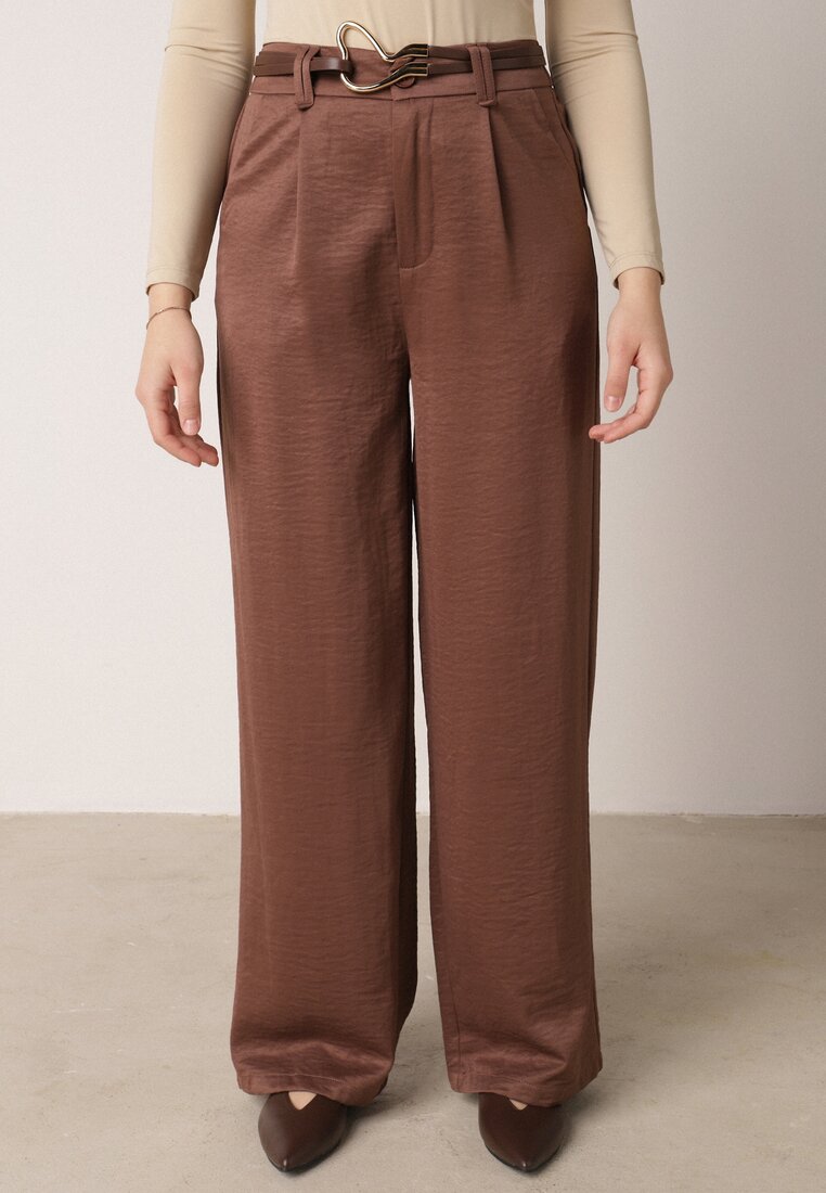 Brązowe Szerokie Spodnie z Wysokim Stanem z Domieszką Bawełny i Geometryczną Klamrą Syliteia