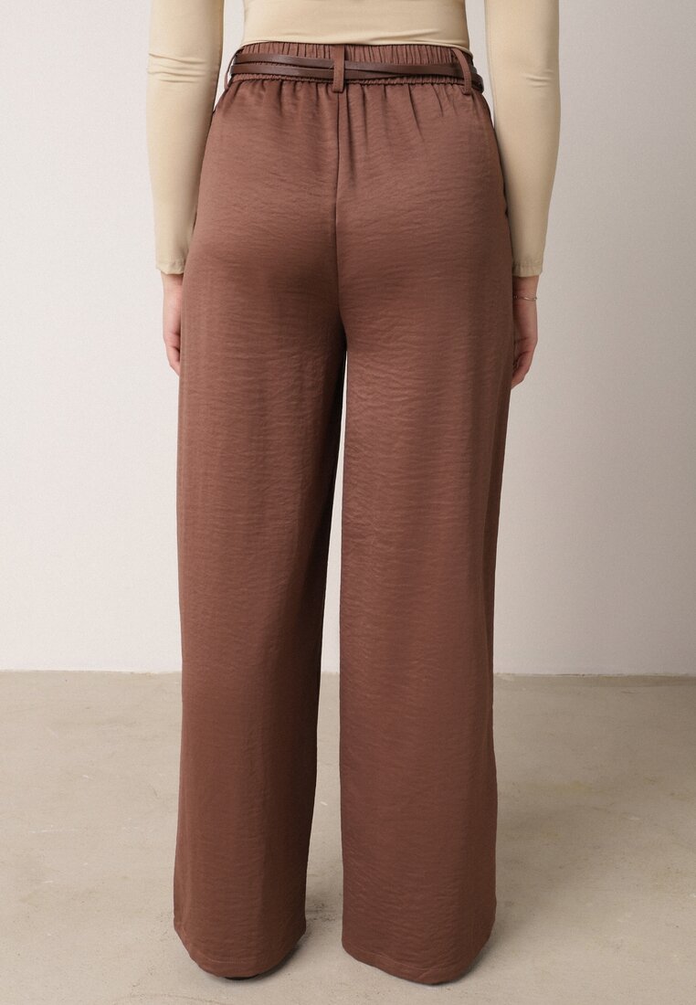 Brązowe Szerokie Spodnie z Wysokim Stanem z Domieszką Bawełny i Geometryczną Klamrą Syliteia