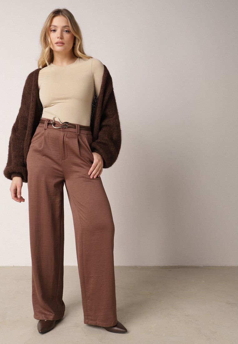 Brązowe Szerokie Spodnie z Wysokim Stanem z Domieszką Bawełny i Geometryczną Klamrą Syliteia