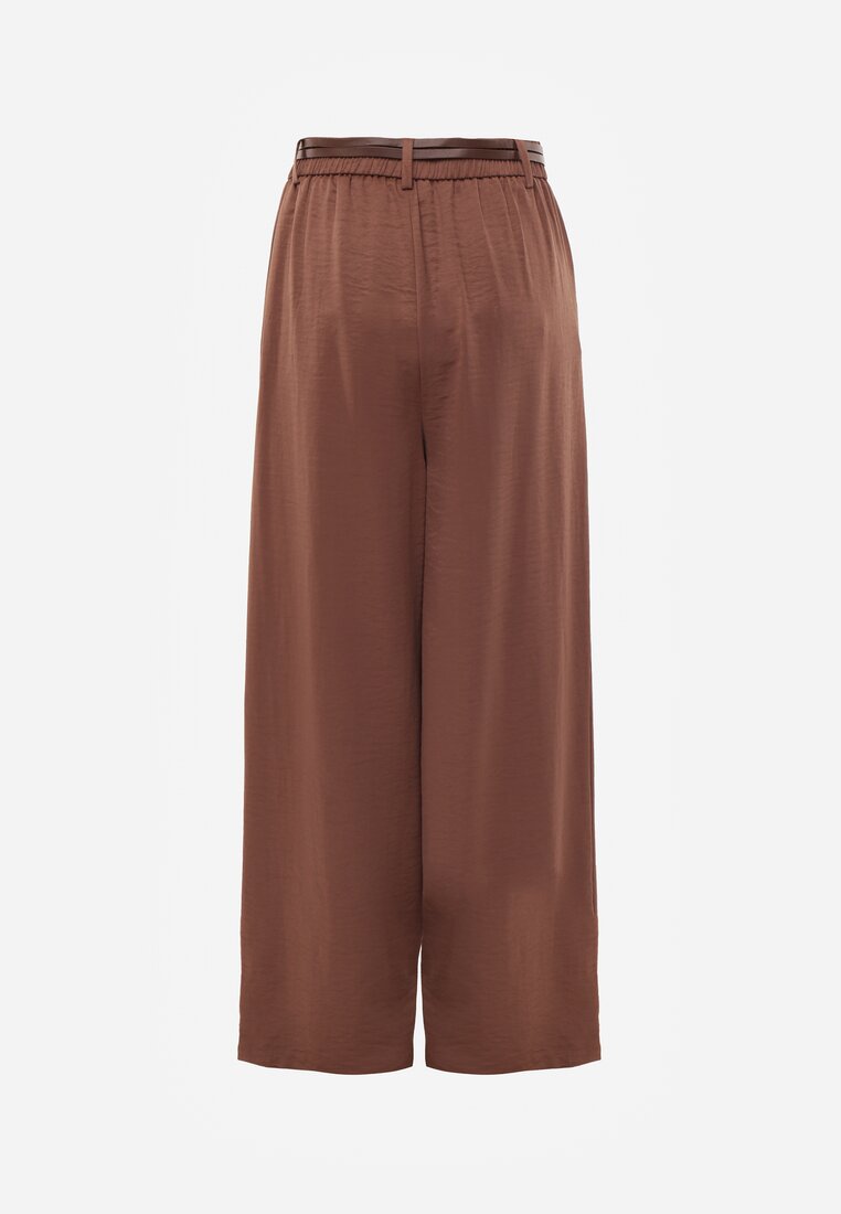 Brązowe Szerokie Spodnie z Wysokim Stanem z Domieszką Bawełny i Geometryczną Klamrą Syliteia