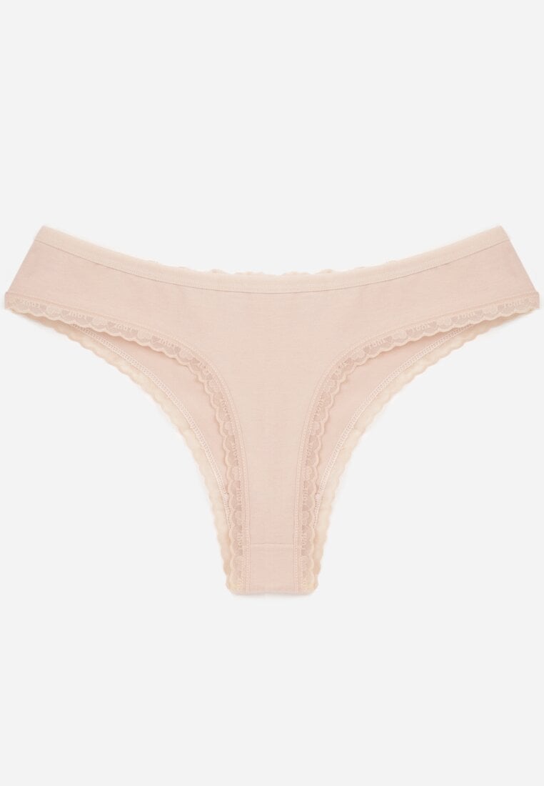 Beżowe Majtki z Bawełną Typu Stringi Ozdobione Koronką Cirilise