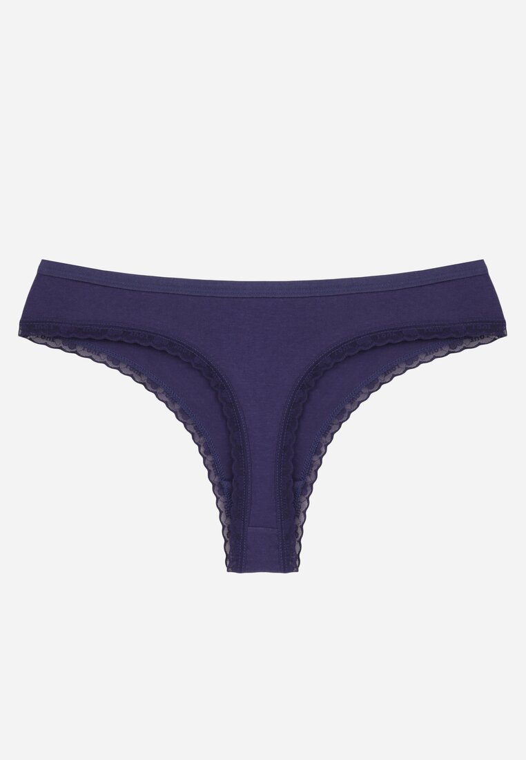 Granatowe Majtki z Bawełną Typu Stringi Ozdobione Koronką Cirilise