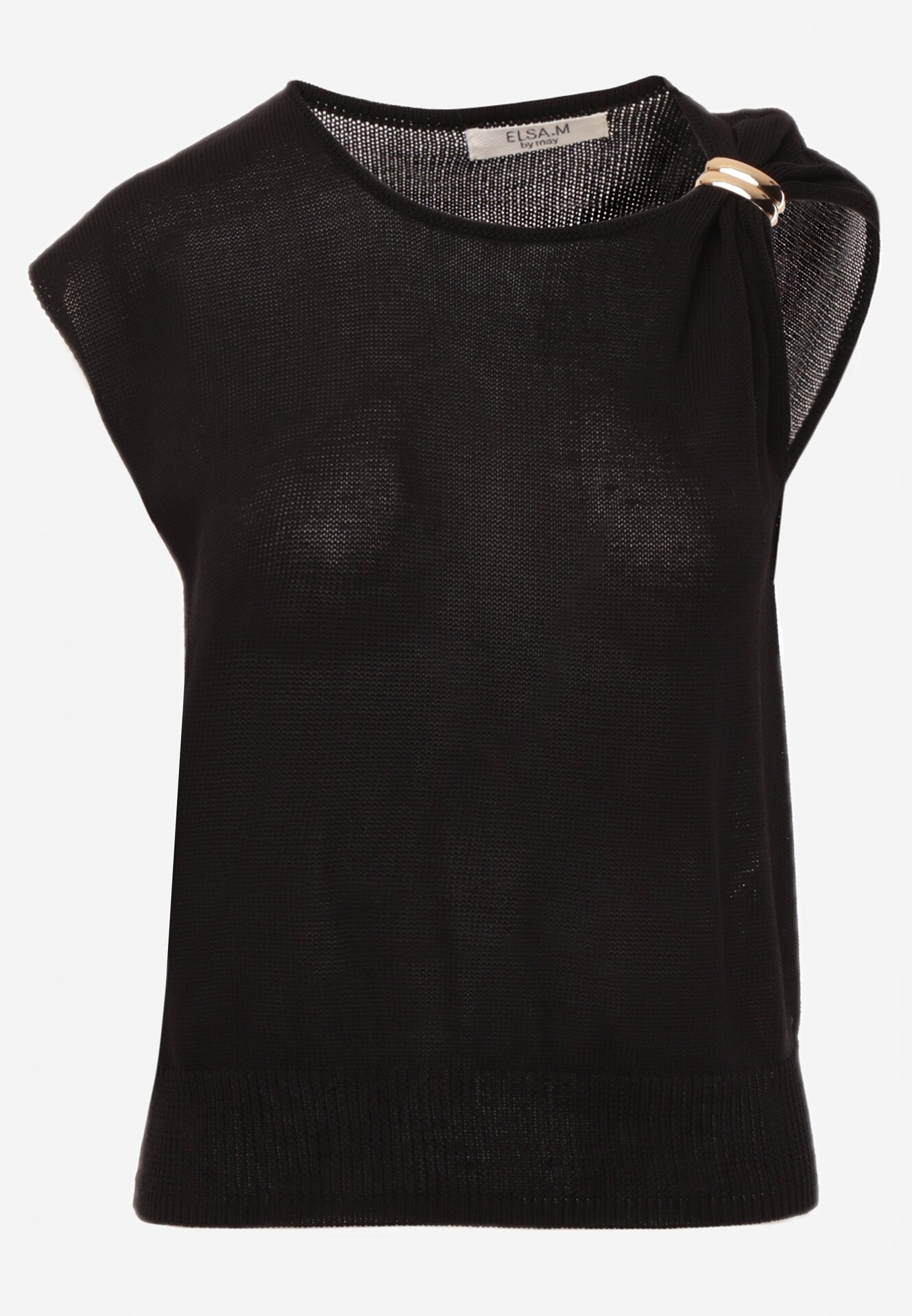 Czarna Dzianinowa Bluzka z Wiskozy Bez Rękawów z Biżuteryjną Aplikacją Orinera