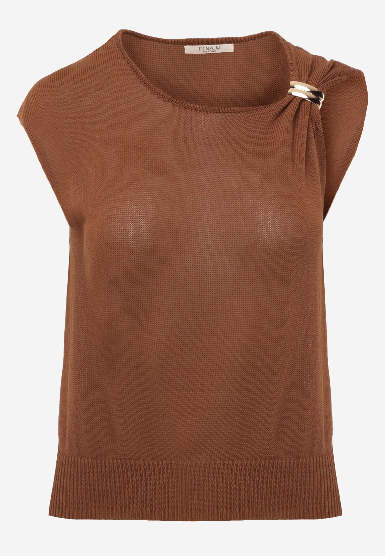Brązowa Dzianinowa Bluzka z Wiskozy Bez Rękawów z Biżuteryjną Aplikacją Orinera