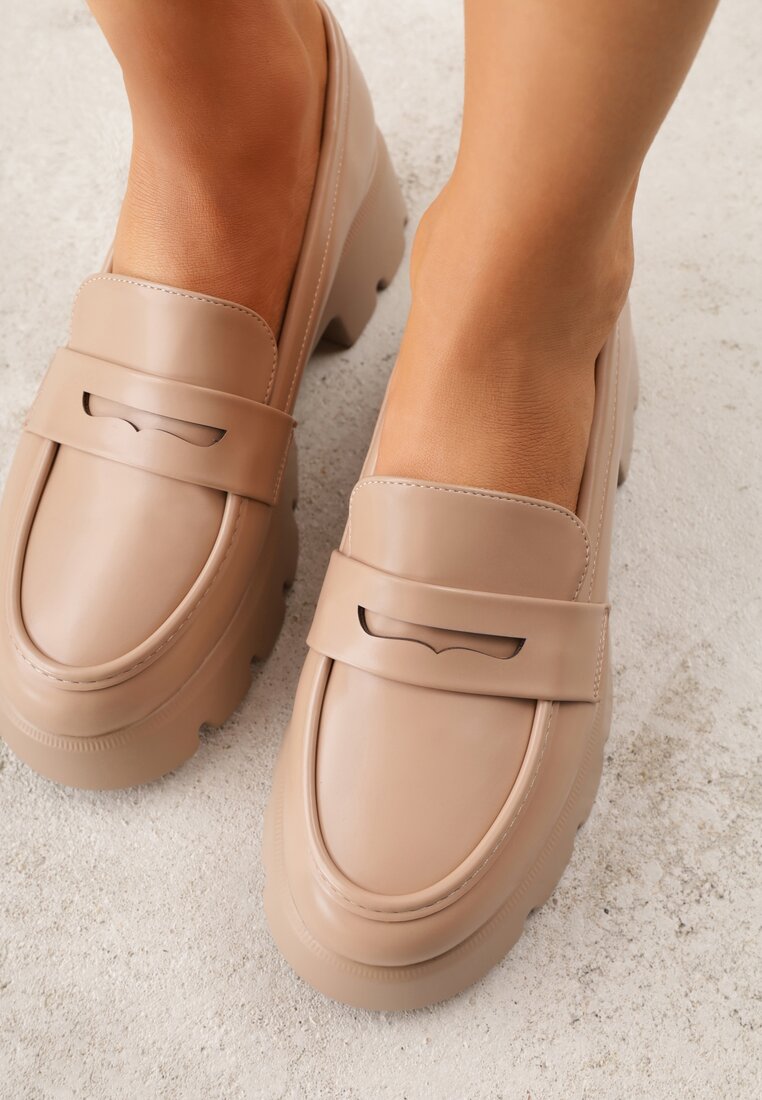 Ciemnobeżowe Mokasyny na Grubej Tłoczonej Podeszwie Dorikharei