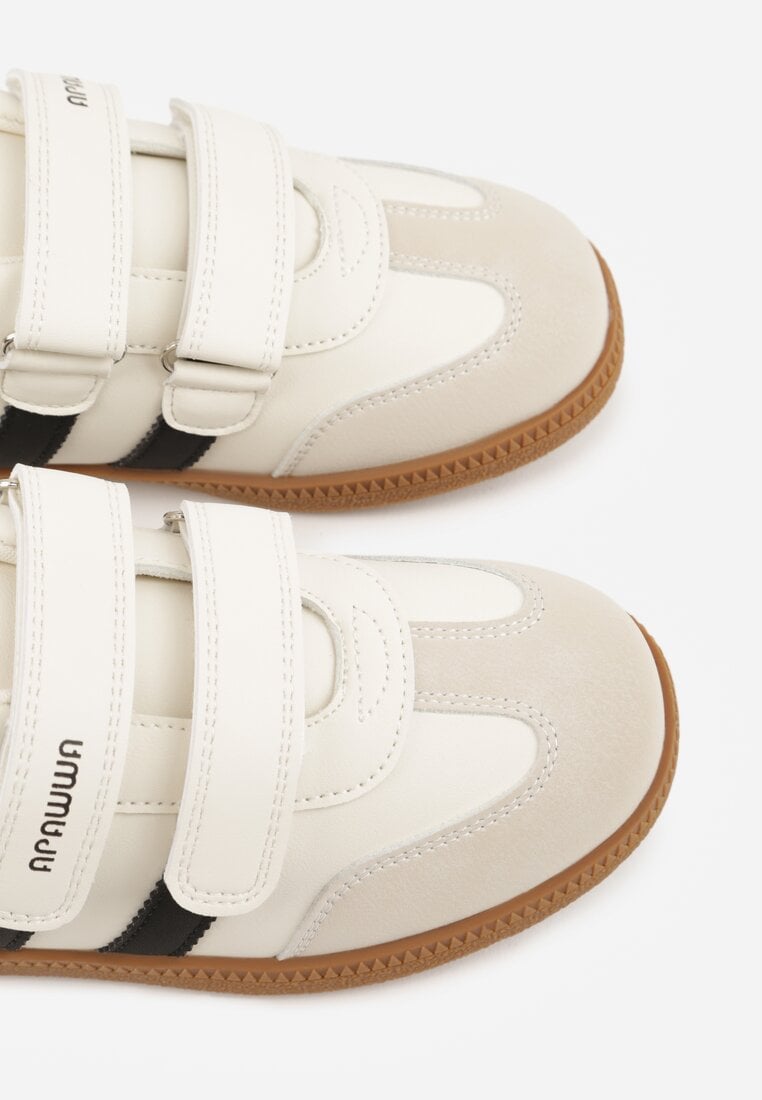 Beżowe Buty Sportowe Sneakersy ze Skórzaną Wkładką i Ozdobnymi Paskami  Menilane
