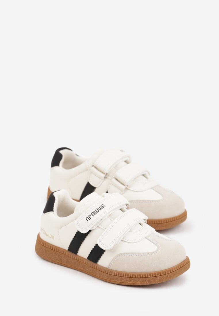 Beżowe Buty Sportowe Sneakersy ze Skórzaną Wkładką Napisami i Paskami Nemoreli