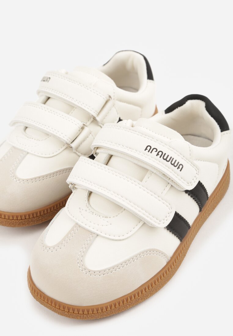 Beżowe Buty Sportowe Sneakersy ze Skórzaną Wkładką Napisami i Paskami Nemoreli