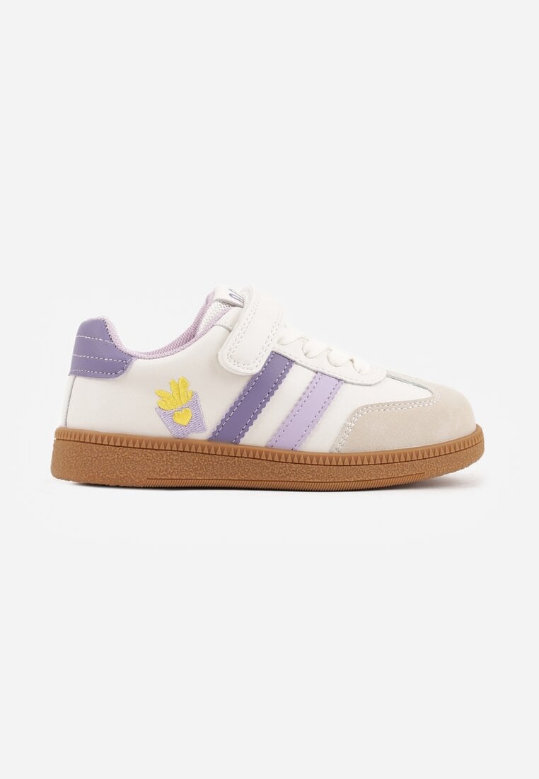 Beżowe Buty Sportowe Sneakersy ze Skórzaną Wkładką i Paskami i Frytkami Petheleia