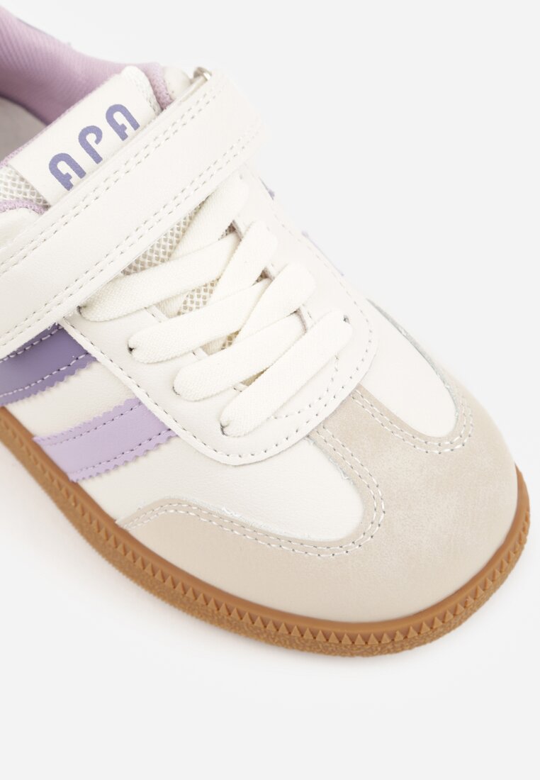 Beżowe Buty Sportowe Sneakersy ze Skórzaną Wkładką i Paskami i Frytkami Petheleia