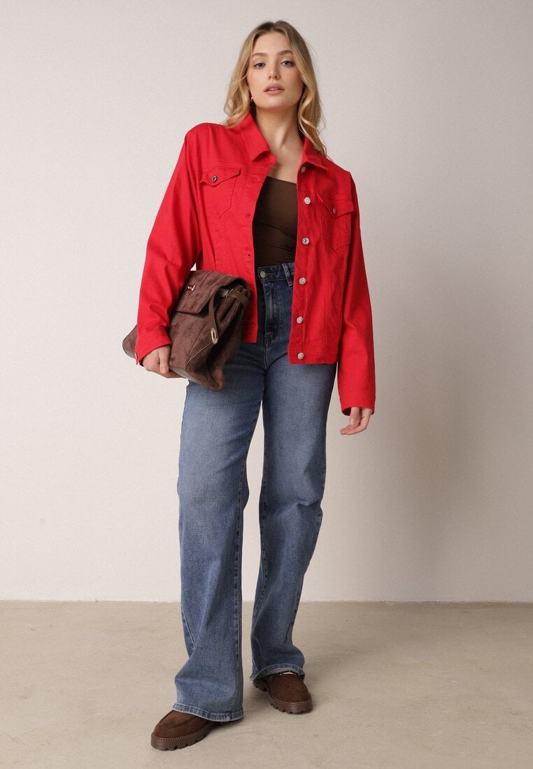 Czerwona Bawełniana Kurtka Jeansowa Perimea