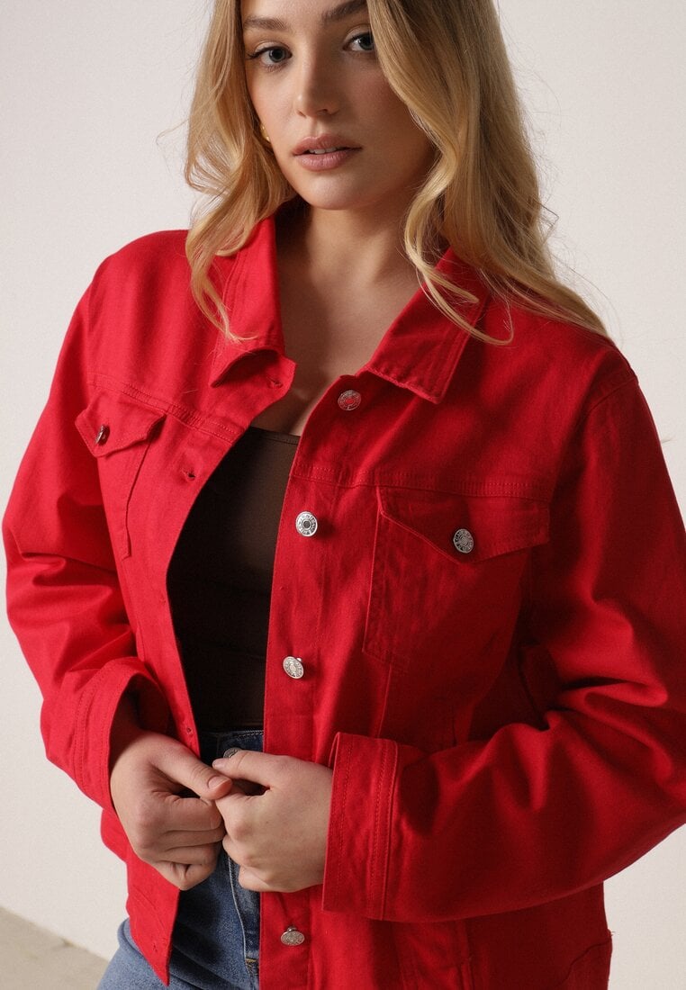 Czerwona Bawełniana Kurtka Jeansowa Perimea