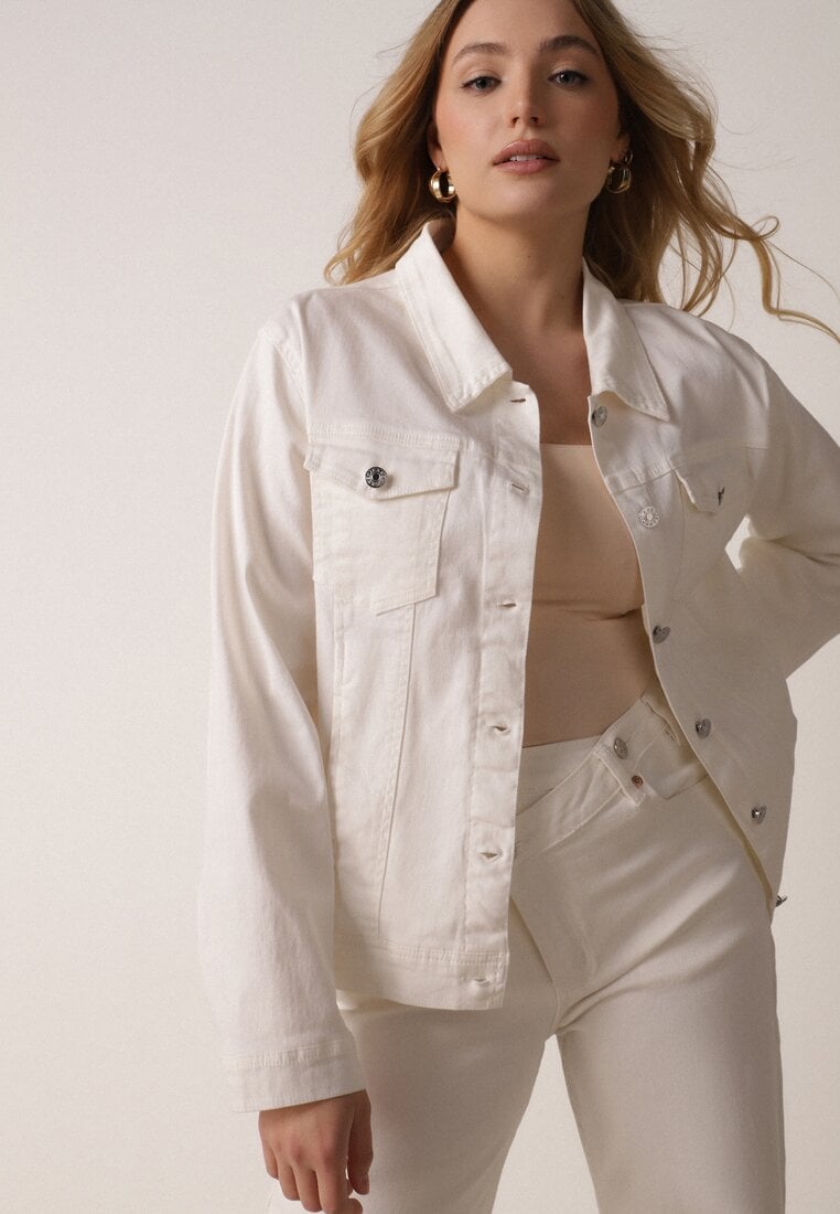 Biała Bawełniana Kurtka Jeansowa Perimea