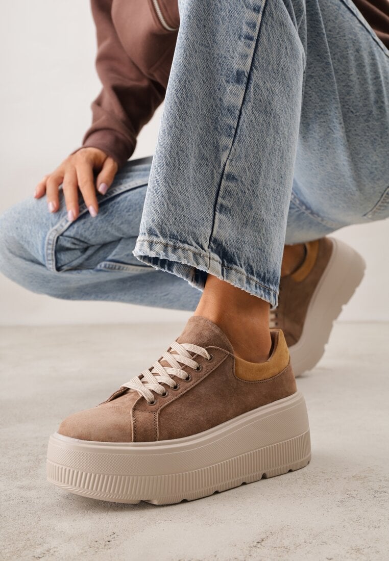 Brązowe Zamszowe Sneakersy na Grubej Podeszwie Latella