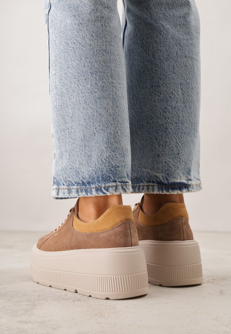 Brązowe Zamszowe Sneakersy na Grubej Podeszwie Latella