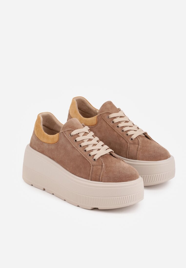 Brązowe Zamszowe Sneakersy na Grubej Podeszwie Latella