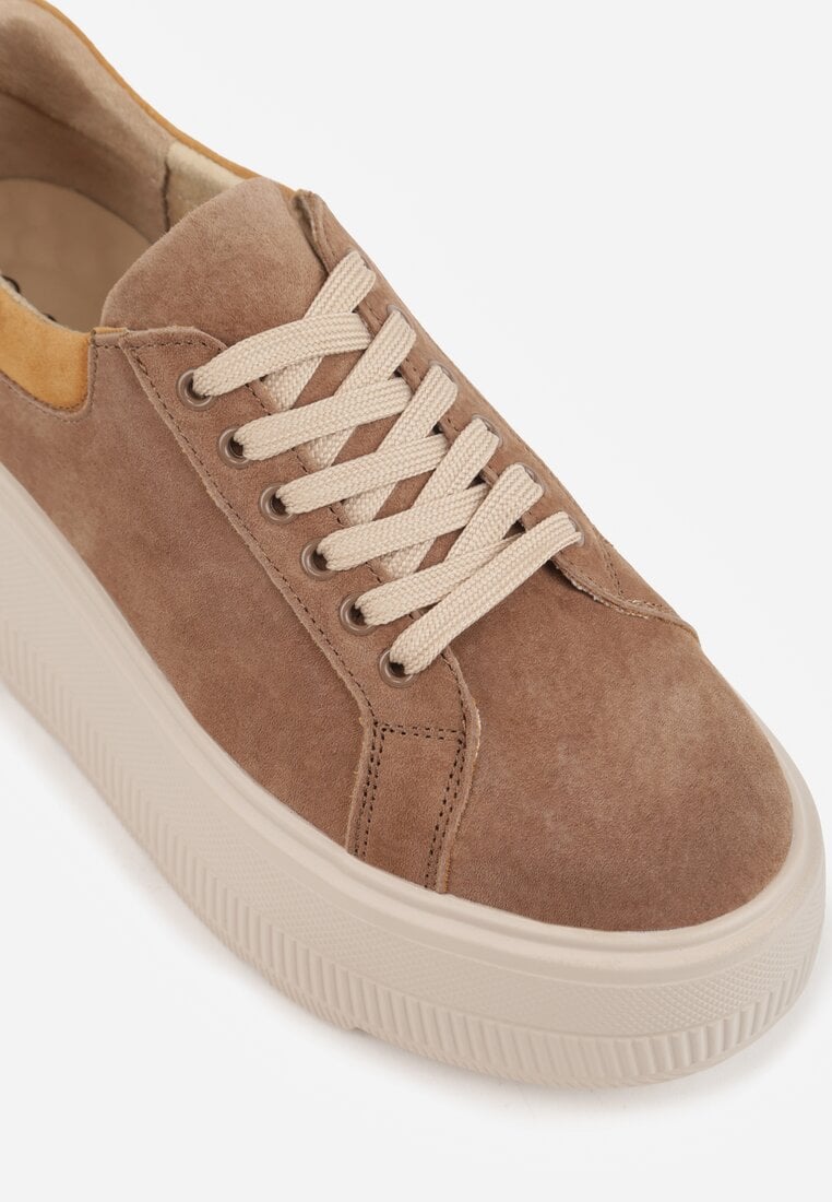 Brązowe Zamszowe Sneakersy na Grubej Podeszwie Latella