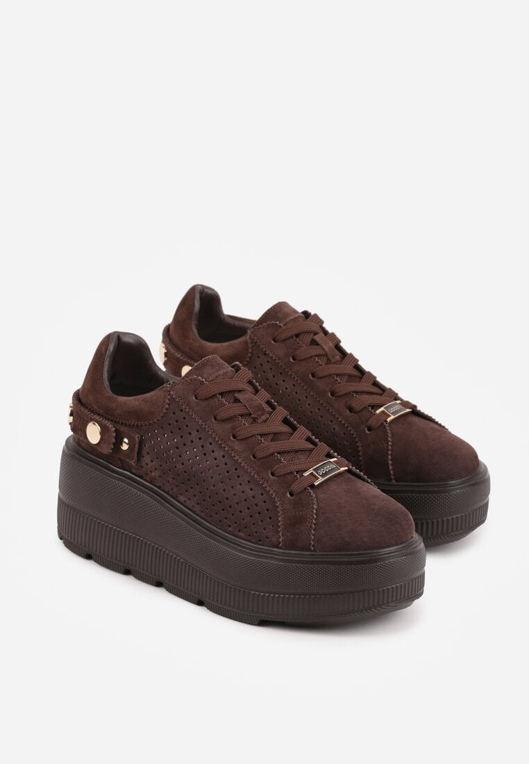 Ciemnobrązowe Skórzane Sneakersy na Platformie i Koturnie Zdobione Perforacją Peniesh